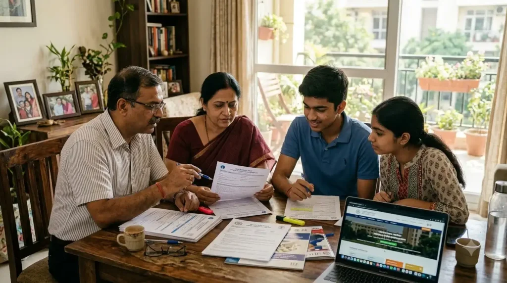 Indian student and parent reviewing education loan documents for a domestic professional course