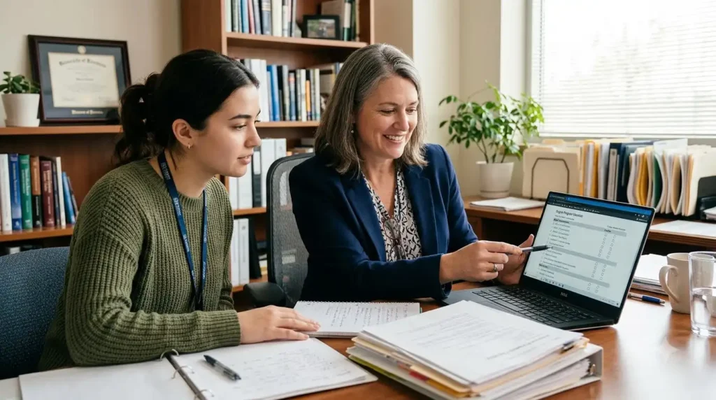 Student reviewing loan assistance service checklist across application stages