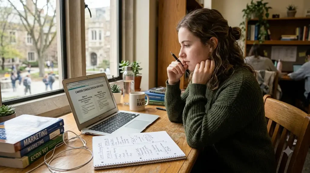 Student comparing free and paid study abroad consultants before deciding